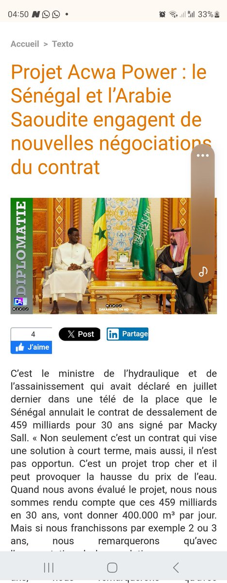 ibra_mamoudou's tweet photo. #Sénégal. Une info qui m'avait échappé et dont je me réjouis. Le @PR_Diomaye a trouvé une alternative à l'annulation du contrat avec #ACWA_POWER. Le contrat sera plutôt renégocié. Bien mieux qu'une rupture unilatérale qui risquait d'altérer nos relations avec l'#ArabieSaoudite ! https://t.co/s187VLCJRT