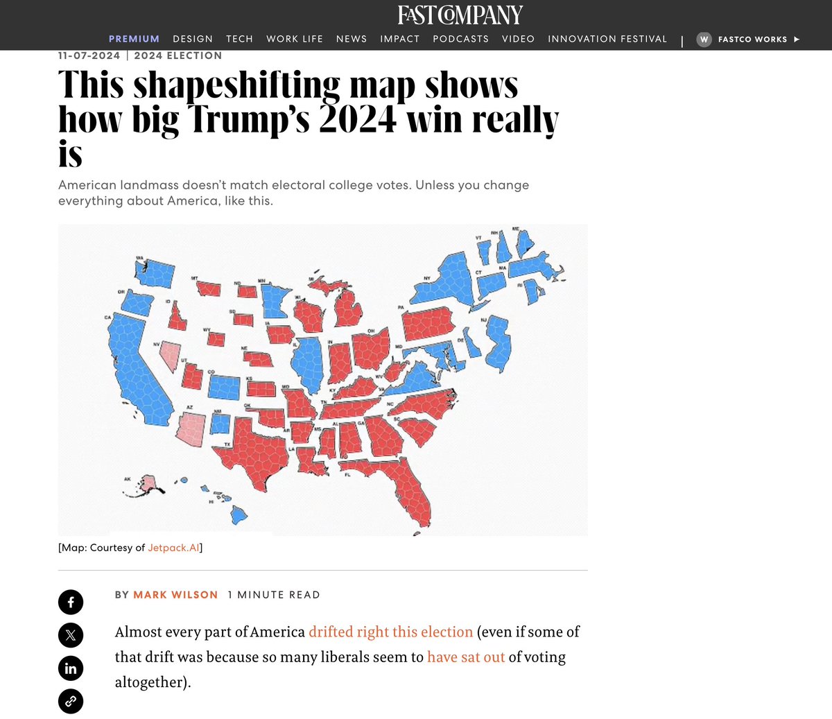 karim_douieb's tweet image. Honored to see my election map featured in @FastCompany with "This shapeshifting map shows how big Trump’s 2024 win really is." Huge thanks to Mark Wilson @ctrlzee for spotlighting this approach to visualizing election results—thrilled to see it resonate!👉fastcompany.com/91224561/how-b…