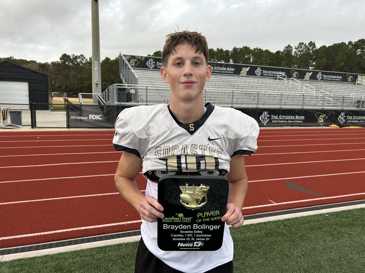 Chris Parks (@chrisparkswbtw) on Twitter photo Congratulations to our final <a href="/WBTWBlitz/">WBTW News13 Blitz</a> Grand Strand player of the week for the 2024 season, it's <a href="/SocasteeFB/">Socastee Football</a> senior Brayden Bolinger! 5 tackles, 1 INT, 1 TD, 1 blocked punt, 1 onside kick recovery in their win over St. James! More at 6 on <a href="/WBTWNews13/">WBTW News13</a>
<a href="/SHSBravesSports/">Socastee Braves</a> Congratulations to our final <a href="/WBTWBlitz/">WBTW News13 Blitz</a> Grand Strand player of the week for the 2024 season, it's <a href="/SocasteeFB/">Socastee Football</a> senior Brayden Bolinger! 5 tackles, 1 INT, 1 TD, 1 blocked punt, 1 onside kick recovery in their win over St. James! More at 6 on <a href="/WBTWNews13/">WBTW News13</a>
<a href="/SHSBravesSports/">Socastee Braves</a>
