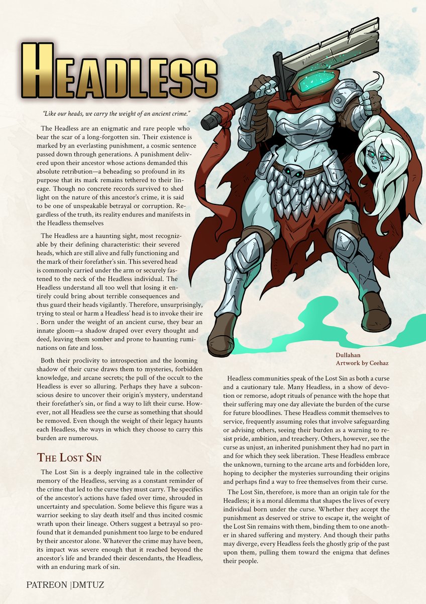 dm_tuz's tweet photo. 💀 The Headless Arrive! 💀
Now free to download on my patreon, the Headless race for D&amp;D 5e brings cursed souls haunted by ancient sins. From Dullahans carrying their heads to Object Heads depserate escape from fate. Will you embrace the mystery or break the curse? https://t.co/PRc3LKykzC