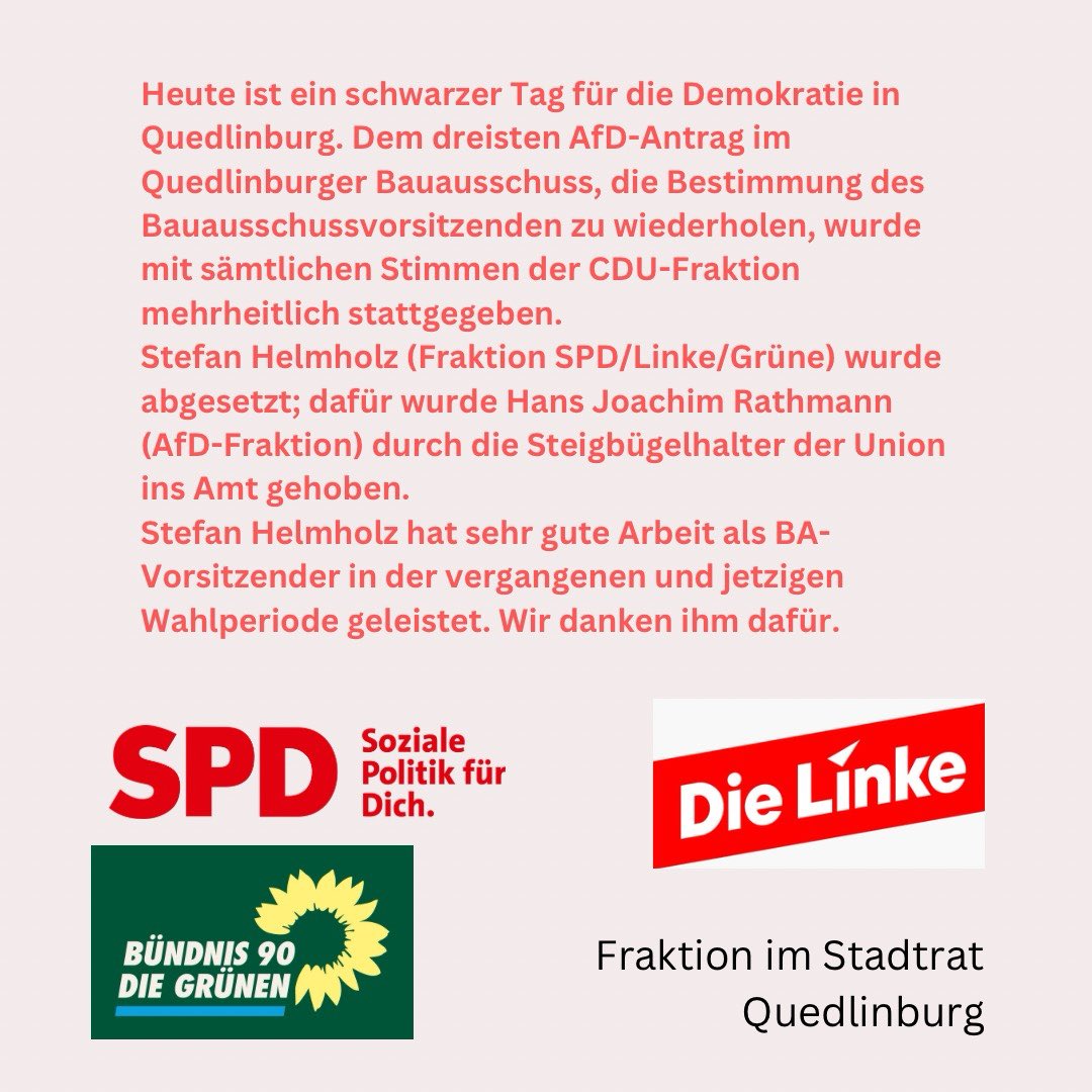 Die CDU verhilft der AfD zur Macht. Das steht in #Quedlinburg mittlerweile außer Frage! Mittlerweile sind alle Ausschussvorsitze in Hand der AfD oder CDU (Stellvertretungen ausgenommen). 1/4