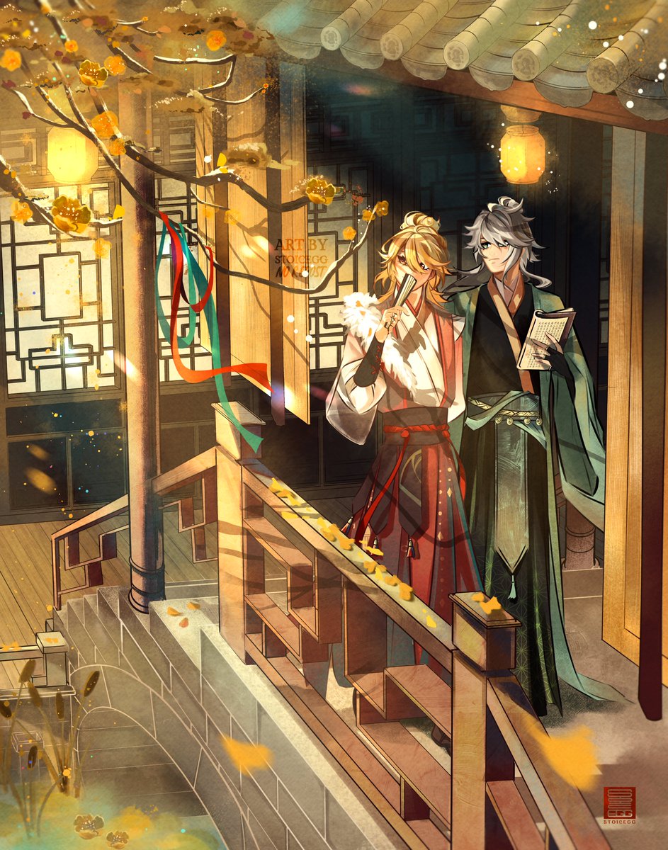 StoicEgg's tweet photo. Forgot to post here for a while... so here's autumnal Kaveh and Alhaitham in hanfu! 🏛🌱 #Genshinfanart #kaveh #Alhaitham #haikaveh #kavehtam https://t.co/vZa6PzoJ54