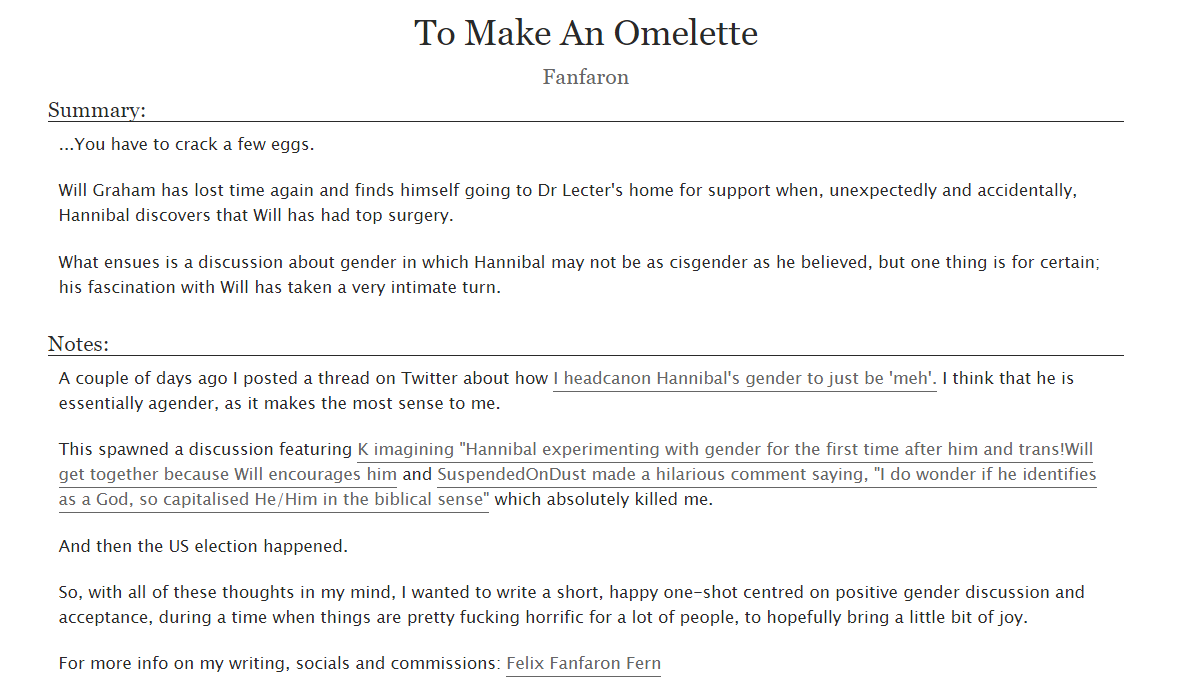 FelixFanfaron's tweet photo. It's up!! My Transmasc Will/Agender Hannibal saucy little one shot.
I hope folks like it 💓
Link below!
#Hannibal #Hannigram #TransWillGraham #TransHannibalLecter https://t.co/WnpSyB2y0r