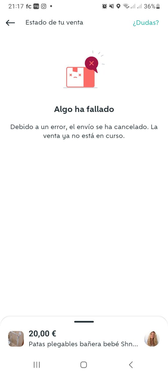 AlbaMMC's tweet photo. @wallapop me ha fallado la app al generar la etiqueta para un envío y no sé cómo recuperar la venta. https://t.co/jisoYv3d5R