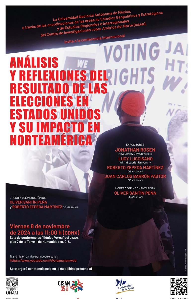 cisanunam's tweet photo. 🇺🇸🗳 Mañana en el #CISAN 
📅⏰️Viernes 8 de noviembre, 11 h https://t.co/g2Mb1IDiwO