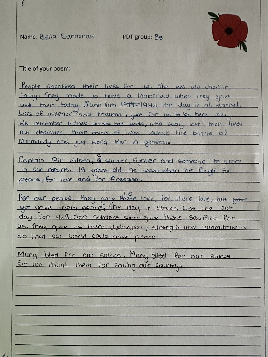 Today students in key state 3 spent time reflecting on and learning about the upcoming Remembrance Day. Students across the school then created Remembrance Day poems.