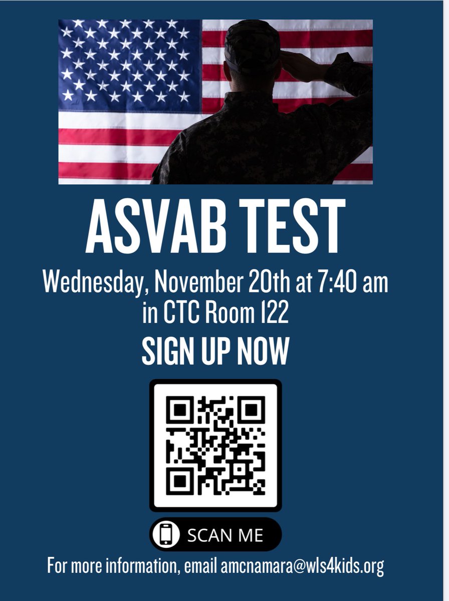 JUNIORS &amp; SENIORS: If you are interested in the military and would like to register to take the ASVAB at Whitmer on Wednesday, November 20th, please email your counselor for the link or scan the flyer below!