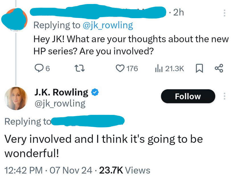 "JK Rowling is separate from Harry Potter. I can separate art from artist."

No... you can't.

(Here is JKR saying she's "very involved" in "the new HP series.")