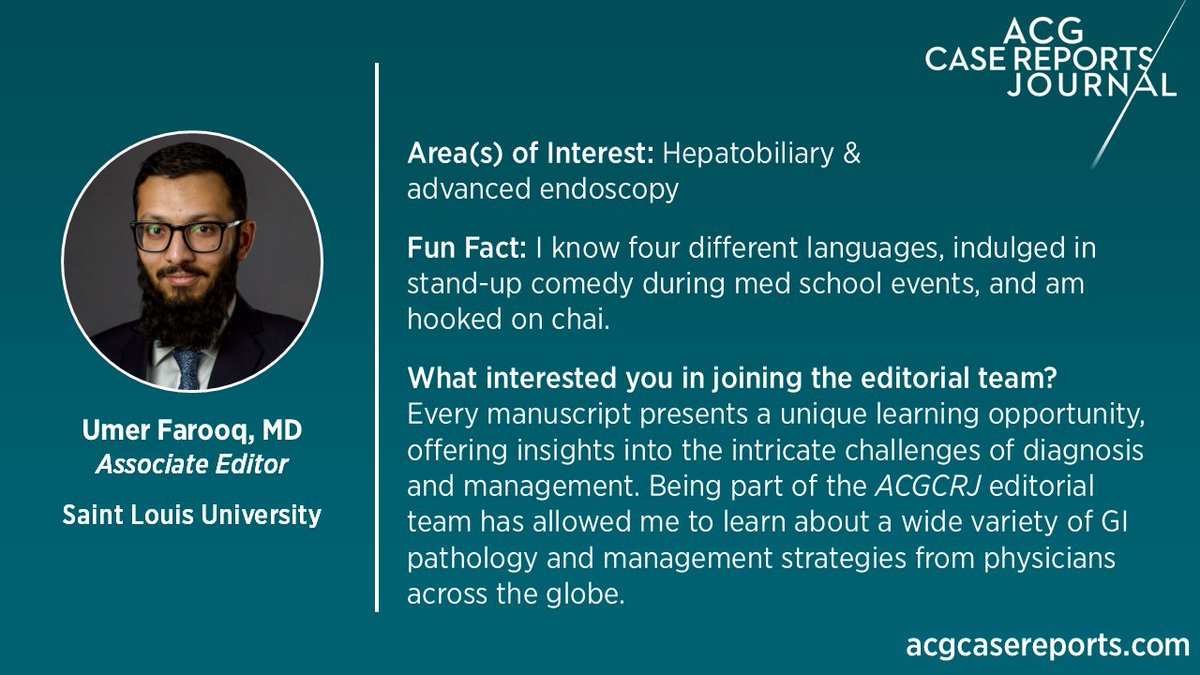 ACGCRJ (@acgcrj) on Twitter photo ACGCRJ Associate Editor Spotlight:
Umer Farooq, MD
Saint Louis University
Each month, we will introduce you to one of our valued Associate Editors--learn about their professional interests and personal fun facts!
<a href="/umer446/">Umer Farooq</a>
<a href="/PrateekHarne1/">Prateek Harne MBBS, MD</a> <a href="/NadeemYousafMD/">Nadeem Yousaf</a>
<a href="/AmCollegeGastro/">ACG</a> ACGCRJ Associate Editor Spotlight:
Umer Farooq, MD
Saint Louis University
Each month, we will introduce you to one of our valued Associate Editors--learn about their professional interests and personal fun facts!
<a href="/umer446/">Umer Farooq</a>
<a href="/PrateekHarne1/">Prateek Harne MBBS, MD</a> <a href="/NadeemYousafMD/">Nadeem Yousaf</a>
<a href="/AmCollegeGastro/">ACG</a>