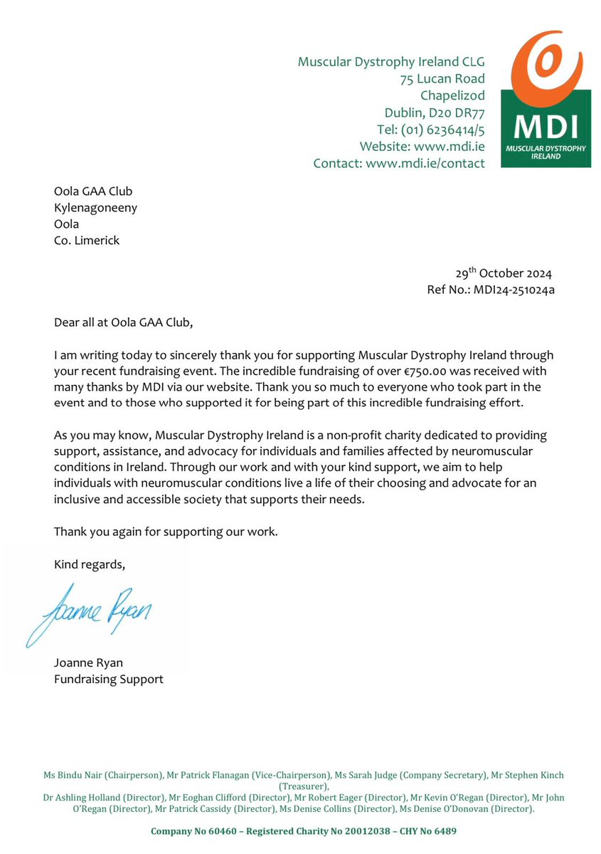OolaGAA's tweet photo. Oola Senior Footballers made a donation to Muscular Dystrophy Ireland after completing a sponsored walk to Lake Muskry during the summer.  Thank you to those who completed the walk and to those that supported this wonderful charity.
@MDI_Ireland https://t.co/bP4L0reCcV