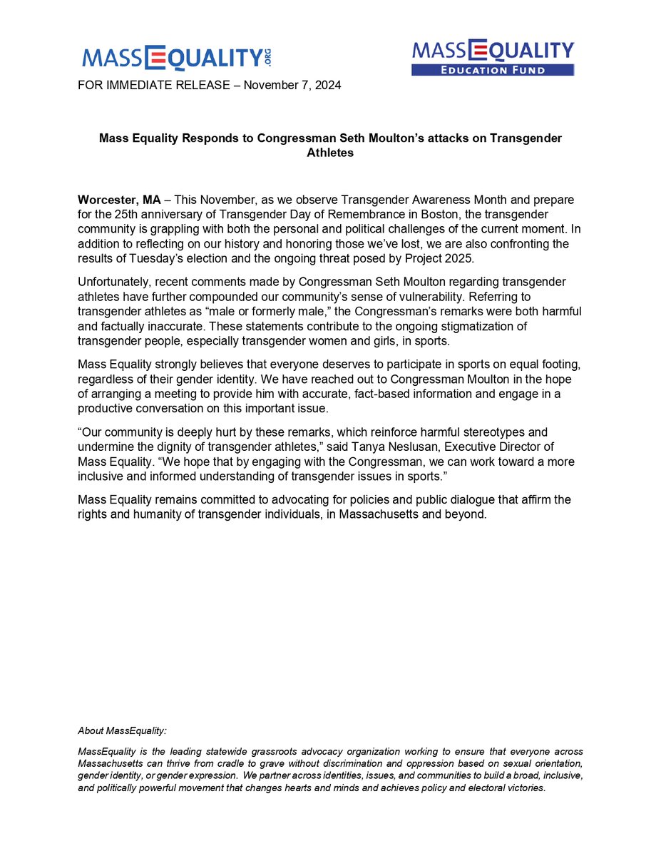 MassEquality (@massequality) on Twitter photo Mass Equality Responds to Congressman <a href="/sethmoulton/">Seth Moulton</a>’s attacks on Transgender Athletes Mass Equality Responds to Congressman <a href="/sethmoulton/">Seth Moulton</a>’s attacks on Transgender Athletes