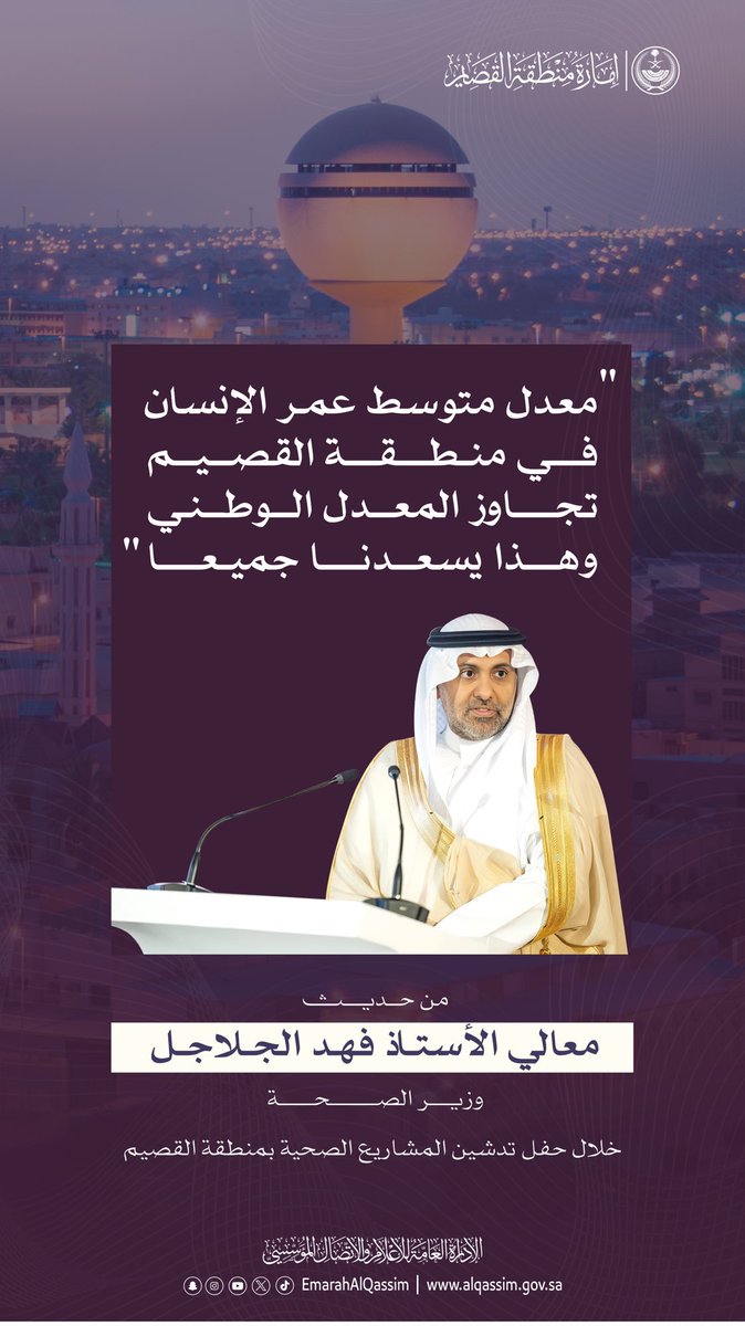 qassimhealth's tweet photo. معالي  وزير الصحة : معدل متوسط عمر الإنسان في منطقة القصيم تجاوز المعدل الوطني. https://t.co/DKkCUj33or