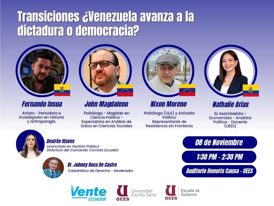 ResistenciaSF_'s tweet photo. Resistencia sin frontera les invita al conversantorio : transiciones ¿Venezuela a la dictadura o democracia.

Viernes, 8 Noviembre 2024
Hora: 1:30pm 2:30pm
Edificio UEE auditorio Honoris Causa ;Samborondón.
Ecuador  Guayaquil https://t.co/kOyjpwczNb