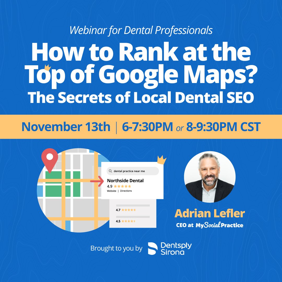 SocialPractice's tweet image. Ranking high on Google Maps search results is one of the most valuable ways to attract new patients. 🧲📍

Don't miss our next webinar hosted by Dentsply Sirona and our CEO Adrian Lefler! Register below:

6-7:30PM CT: web.cvent.com/event/b7c5ff35…

8-9:30PM CT: web.cvent.com/event/0abb78c1…