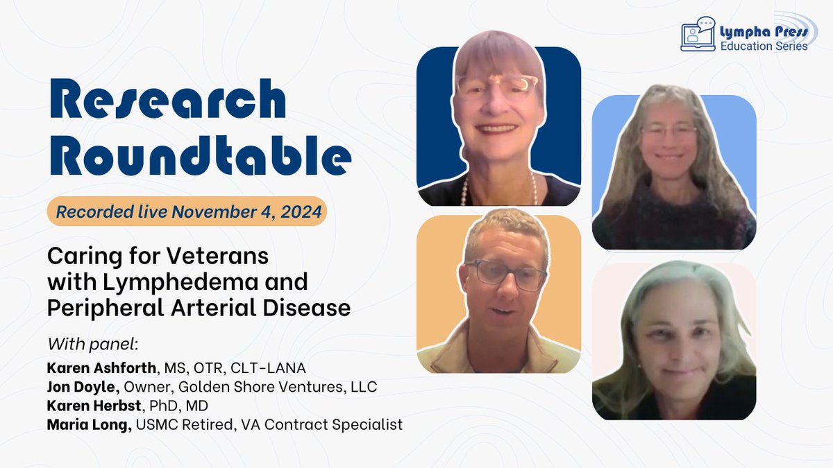 Lympha_Press's tweet image. At the #ResearchRoundtable earlier this week, Dr. Karen Herbst and Karen Ashforth, MS, OTR, CLT-LANA, were joined by Jon Doyle and Maria Long for a panel discussion on caring for Veterans living with #lymphedema and #PeripheralArterialDisease.

Watch here: loom.ly/uZEjtzs