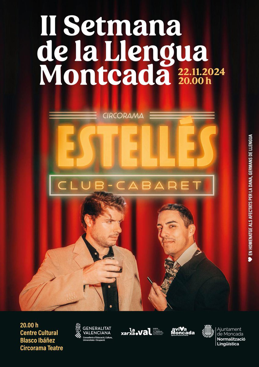 AytoMoncada's tweet image. Esta vesprada teniu una cita al Centre Cultural amb Estellés, club-cabaret 🎪

🎟 Al llarg del matí podeu recollir la vostra entrada anticipada completament gratuïta al Centre d’Informació Juvenil (C/Major, 28)