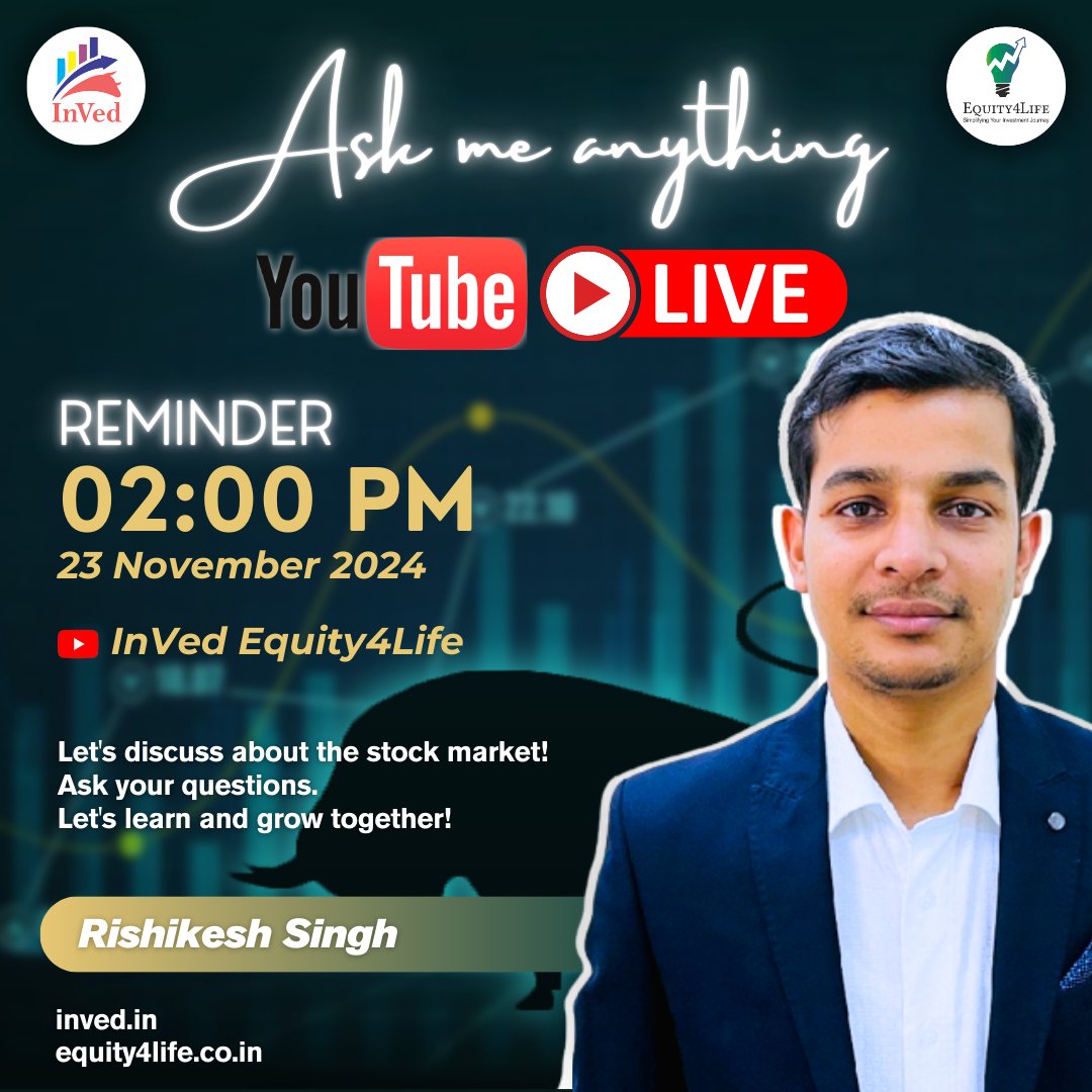 InVed_Research's tweet image. Let's JOIN #YouTube LIVE
Session start at
02:00 PM Afternoon .

🔗Link: youtube.com/live/pqjoT7_ro…

You can subscribe our YouTube channel to get stocks study/analysis, YouTube Live, Market view &amp;amp; learning videos. ✌️

#InVed #Equity4Life