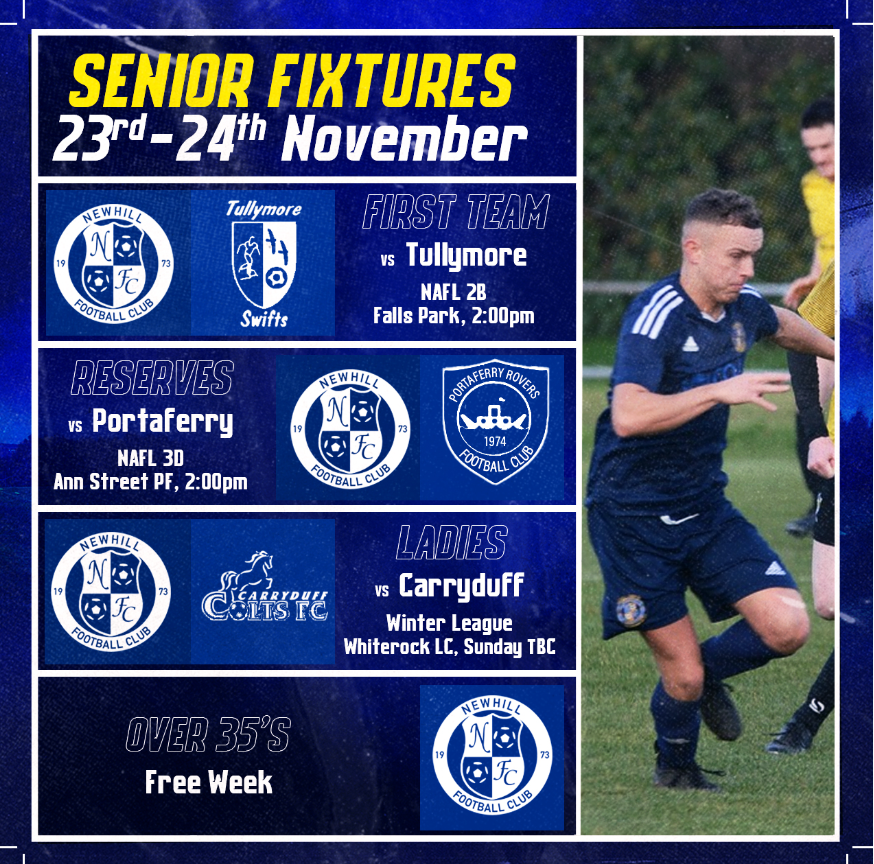 💙💛⚽️Senior Fixtures⚽️💛💙

Three seniors games this weekend for The Hill!

Best of luck to all our teams and all support is welcome tomorrow afternoon to the Falls Park as our First Team host Tullymore and to Whiterock on Sunday for our ladies to host Carryduff Colts.