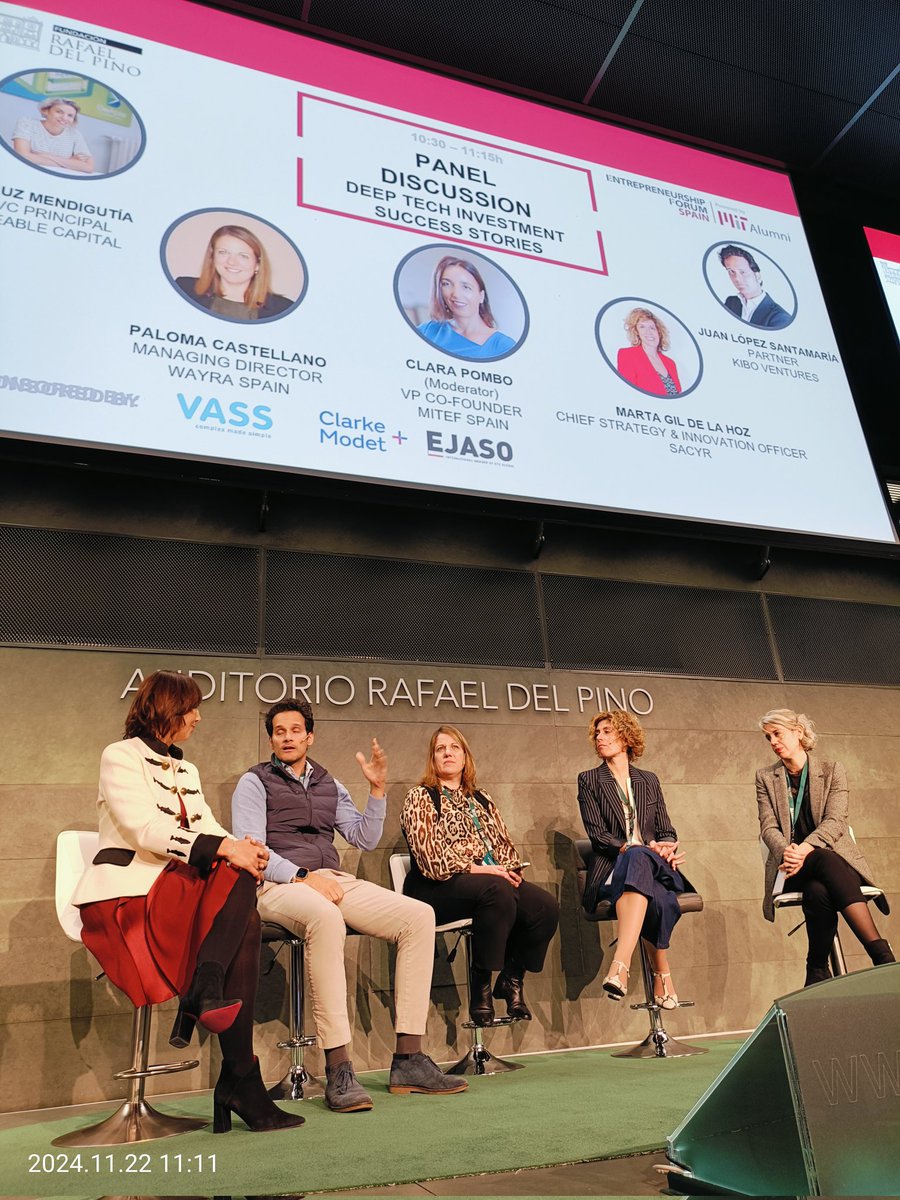 Entrepreneurship Forum Spain,powered by MiT Alumni (@mitefspain) on Twitter photo Great Panel discussion with our VP Clara Pombo, and 2 Corporates (<a href="/Telefonica/">Telefónica</a> <a href="/SomosSacyr/">Sacyr</a>) and 2 VCs (<a href="/KiboVentures/">Kibo Ventures</a> <a href="/BeAbleCapital/">BeAble Capital</a>) sharing success stories in deep tech investment 😀👏 Great Panel discussion with our VP Clara Pombo, and 2 Corporates (<a href="/Telefonica/">Telefónica</a> <a href="/SomosSacyr/">Sacyr</a>) and 2 VCs (<a href="/KiboVentures/">Kibo Ventures</a> <a href="/BeAbleCapital/">BeAble Capital</a>) sharing success stories in deep tech investment 😀👏