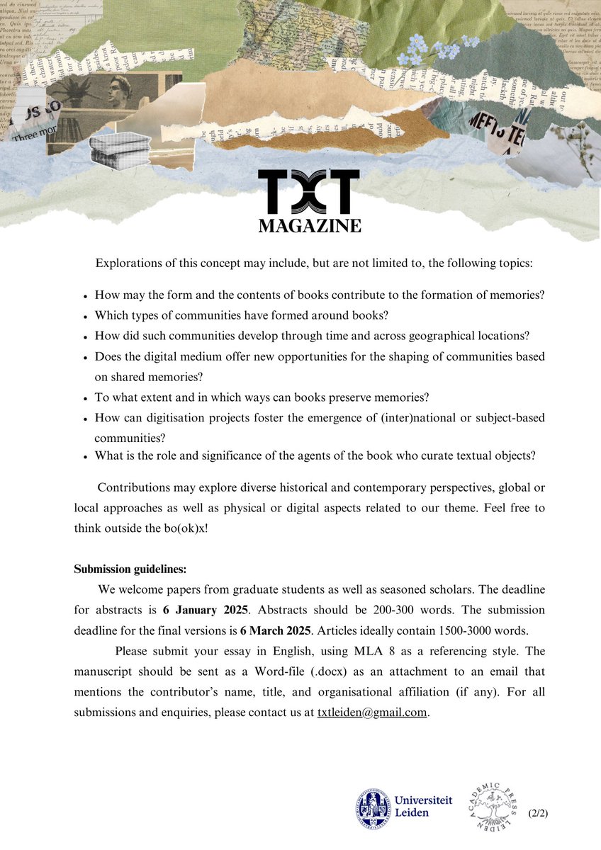 TXTMagazine's tweet image. 📚Call for Papers!

more info and submissions at txtleiden@gmail.com

#communityofmemories
#CFP