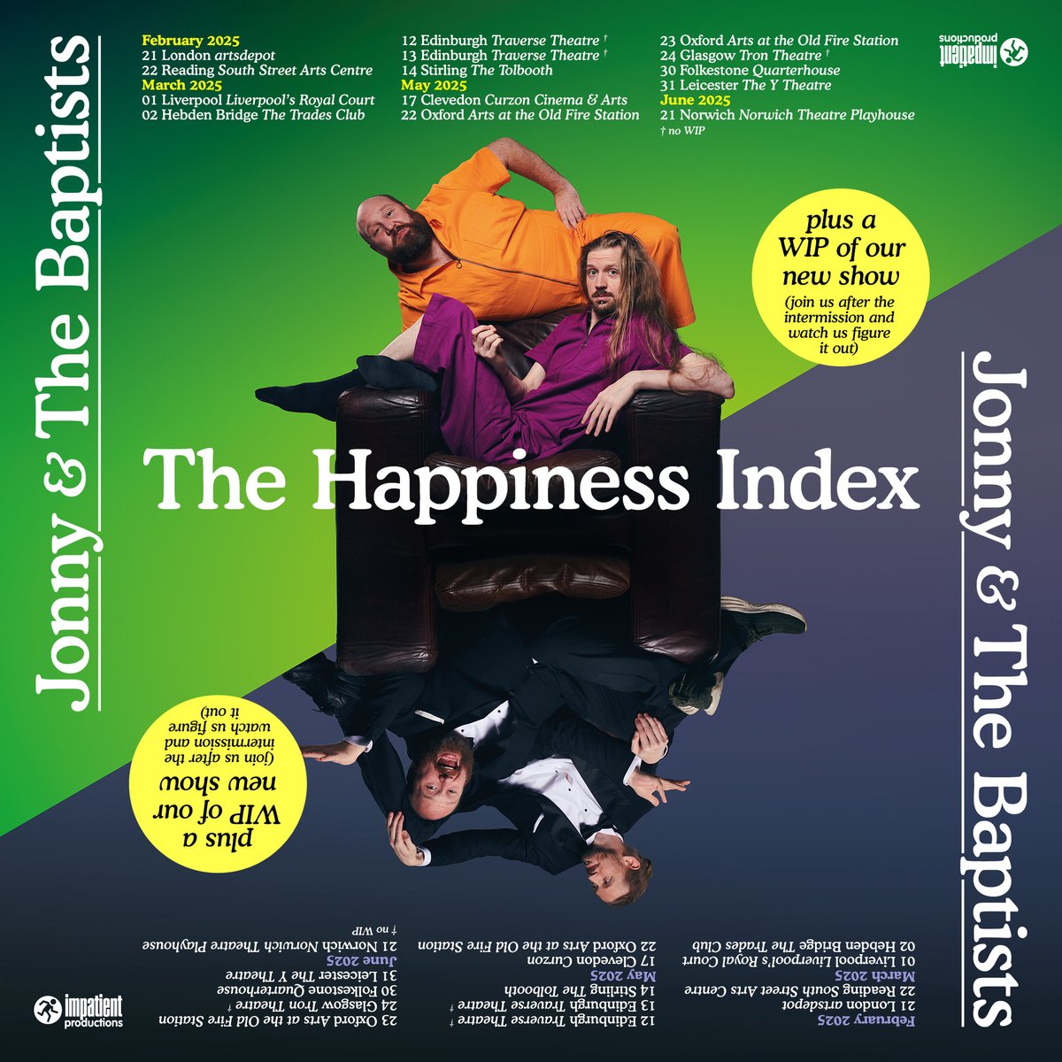 We could never continue using a website with such a deplorable ethos, especially not to promote our new tour: The Happiness Index, Feb-June 2025 across the UK. Our lefty morals could not abide by using it to promote dates in London, Edinburgh, Liverpool- oh Clevedon, how lovely!