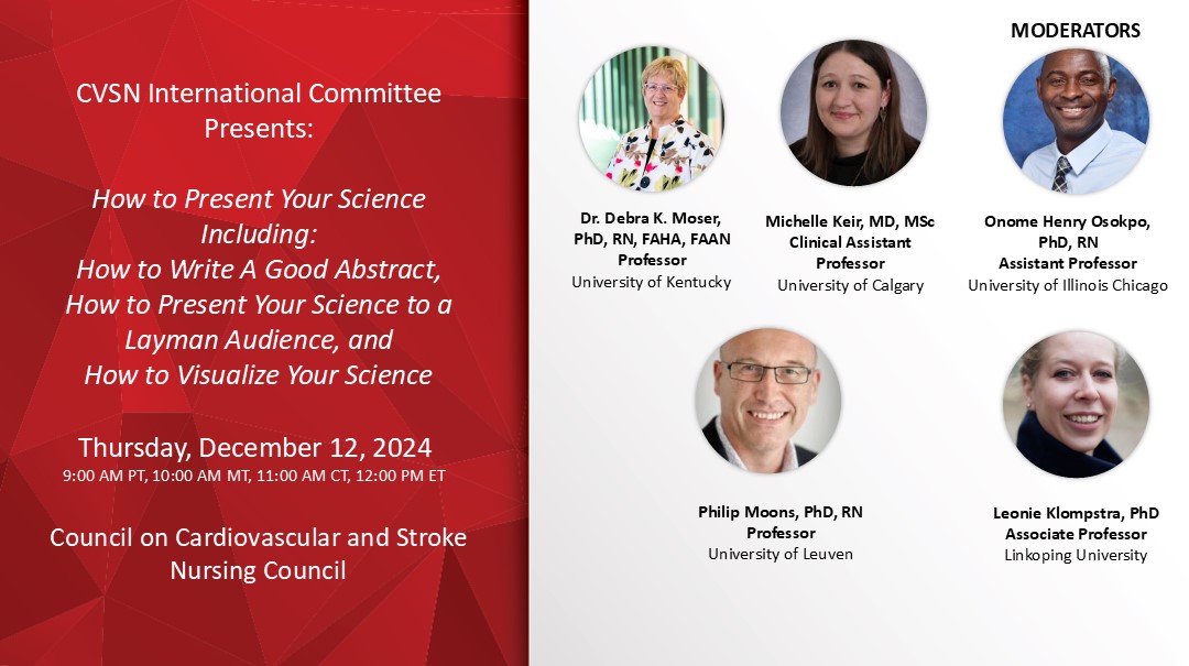 Welcome to "How to present your science"

📌Writing a good abstract
📌Presenting to a layman audience
📌Visualizing your science

<a href="/MoonsPhilip/">Philip Moons</a> <a href="/LeonieKlompstra/">Leonie Klompstra</a>