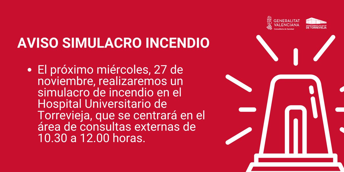 ⚠️ El próximo miércoles realizaremos un simulacro que se centrará en el área de Consultas Externas de 10.30 a 12.00 horas 🚨 Gracias por vuestra colaboración.