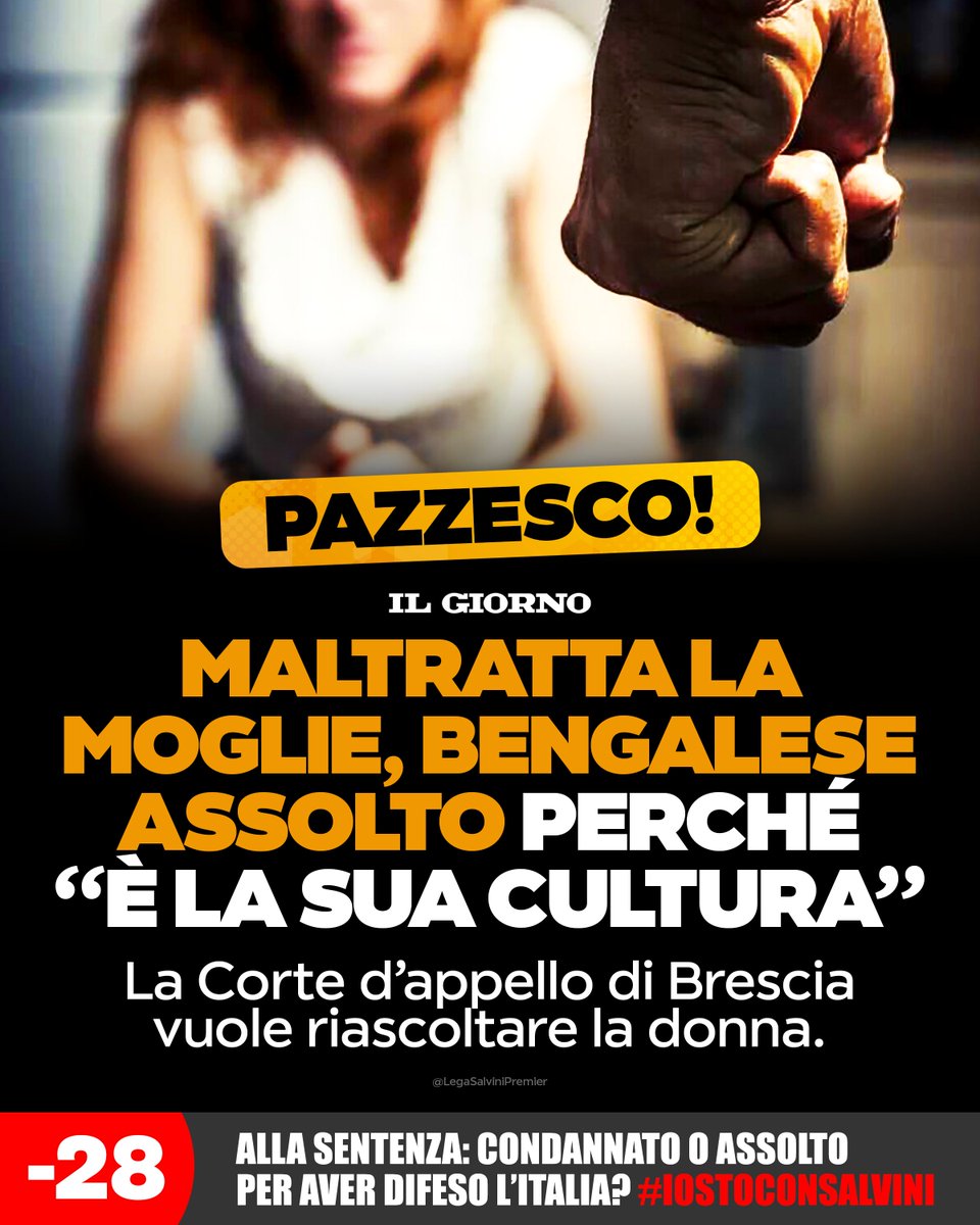 matteosalvinimi's tweet photo. Gravissimo. Sarebbe una resa a "culture" che non hanno nulla a che vedere con i nostri principi di civiltà.
Altro che "patriarcato bianco", qui siamo davvero alle basi, tuttavia i soliti intelligentissimi commentatori, giornalisti "femministi" e politici di sinistra che tanto si riempiono la bocca di "diritti" preferiranno anche in questo caso girarsi dall'altra parte.

🔴 MENO VENTOTTO: CONDANNATO O ASSOLTO PER AVER DIFESO I CONFINI ITALIANI?
#20Dicembre