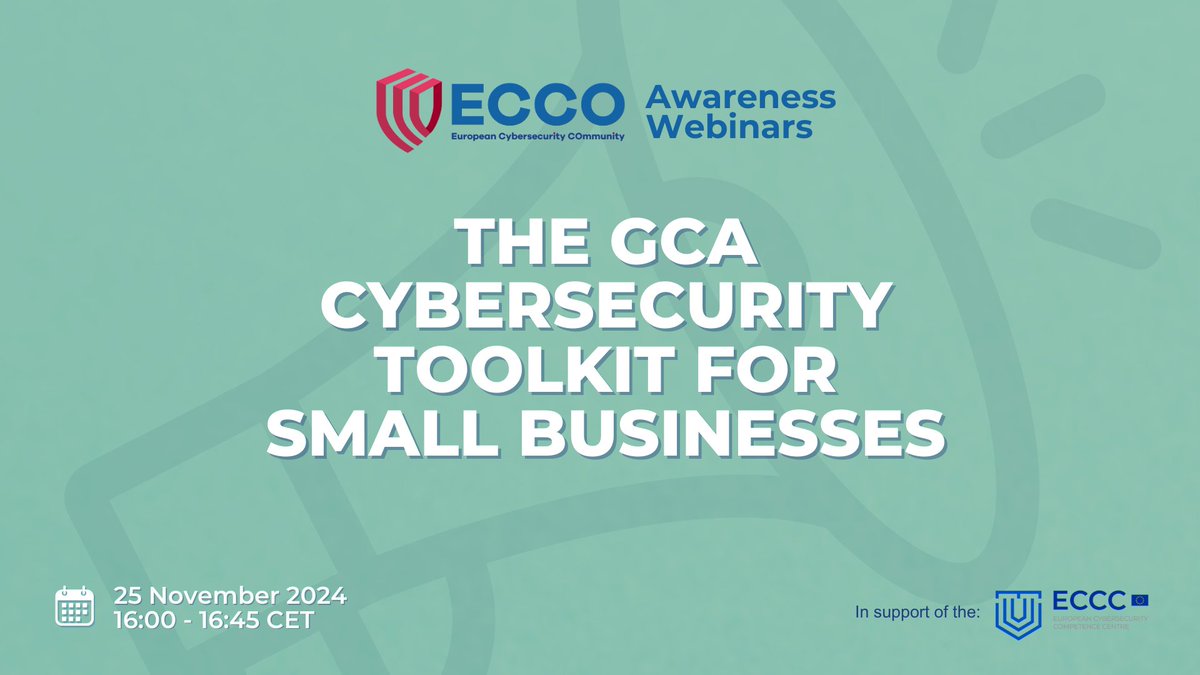 GlobalCyberAlliance (@globalcyberalln) on Twitter photo Join us this Monday at 16:00 CET for this <a href="/Cybersec_ECCC/">European Cybersecurity Competence Centre</a> webinar for small businesses with our experts Gill Thomas, Director of Engagement and Kayle Giroud, Director of Common Good Initiatives.
🌐 Read more and register: cybersecurity-centre.europa.eu/events/gca-cyb…
#awareness #SMBs #cybersecurity Join us this Monday at 16:00 CET for this <a href="/Cybersec_ECCC/">European Cybersecurity Competence Centre</a> webinar for small businesses with our experts Gill Thomas, Director of Engagement and Kayle Giroud, Director of Common Good Initiatives.
🌐 Read more and register: cybersecurity-centre.europa.eu/events/gca-cyb…
#awareness #SMBs #cybersecurity
