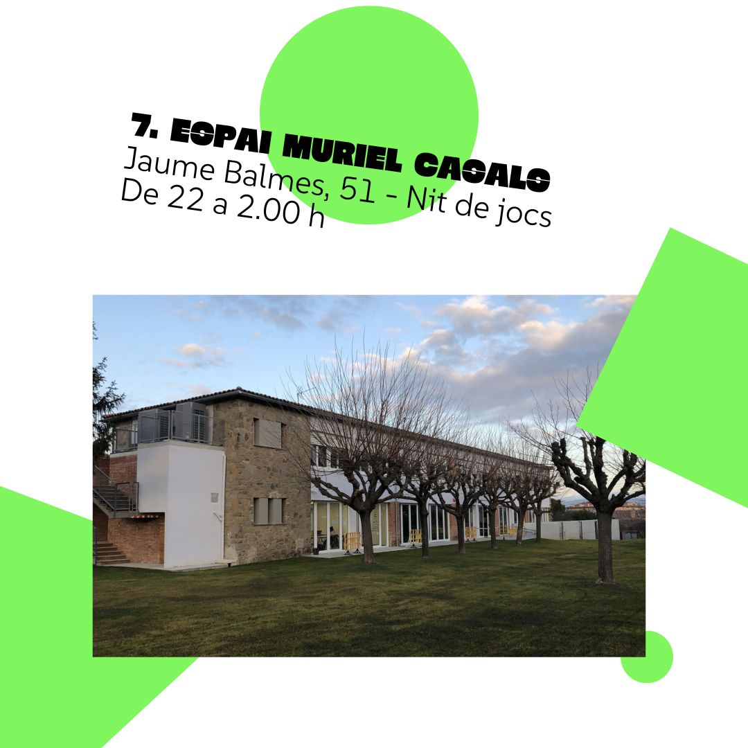 🌃 A l’Espai Muriel Casals, de 22 a 2 h, gaudireu de la nit de jocs. Tradicionalment, la nit més juganera se celebrava a la sala de dalt de la Biblioteca, però vist l’èxit, hem decidit oferir un espai més gran per encabir-hi tothom.