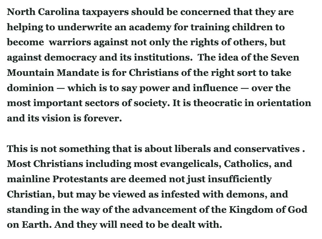 JustinParmenter's tweet image. I asked @FredClarkson, a researcher who studies the confluence of religion and politics, why North Carolinians should worry about public funding of religious indoctrination through school vouchers.  

His answer scared the living 💩 out of me. #ncpol #nced