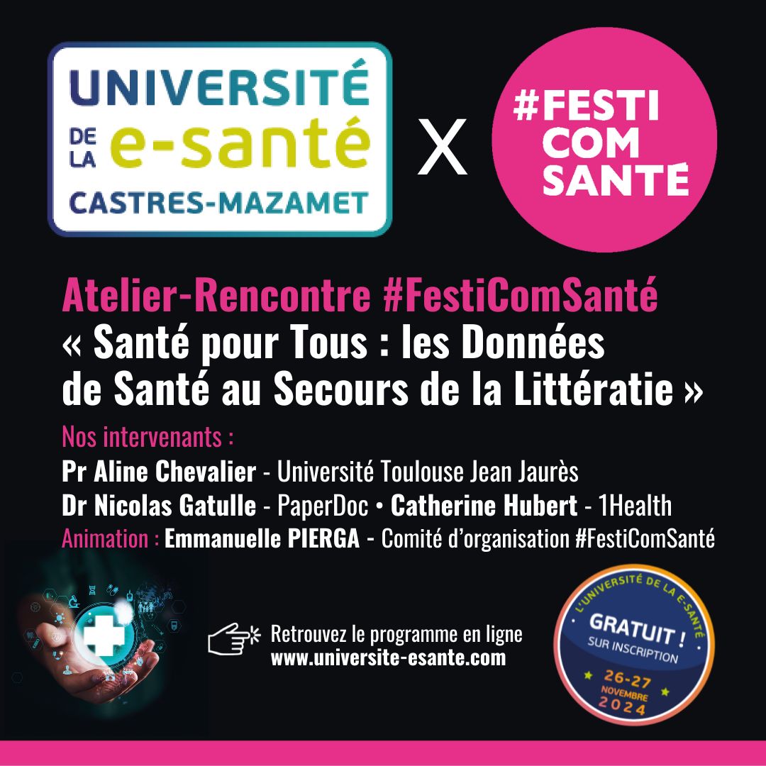 Dominique NOEL (@noeldominique) on Twitter photo RDV à 15h30 ❤️ <a href="/UnivEsante/">Université e-santé</a> ➡️ l'Atelier - Rencontre <a href="/FestiComSante/">Festival de la Communication Santé</a>"Santé pour Tous: les Données de Santé au Secours de la Littératie"
🪄 <a href="/EPierga/">Emmanuelle Pierga</a> <a href="/TandemCom_Sante/">Tandem Com Santé</a>
✔️ <a href="/UTJeanJaures/">UT Jean Jaurès</a> <a href="/NGatulle/">Nicolas Gatulle</a> <a href="/paperdoc_app/">PaperDoc</a> <a href="/HopPitieSalpe/">Hôpital Pitié-Salpêtrière AP-HP</a>
➡️festivalcommunicationsante.fr/table-ronde-fe…
#univEsante #Festicomsanté RDV à 15h30 ❤️ <a href="/UnivEsante/">Université e-santé</a> ➡️ l'Atelier - Rencontre <a href="/FestiComSante/">Festival de la Communication Santé</a>"Santé pour Tous: les Données de Santé au Secours de la Littératie"
🪄 <a href="/EPierga/">Emmanuelle Pierga</a> <a href="/TandemCom_Sante/">Tandem Com Santé</a>
✔️ <a href="/UTJeanJaures/">UT Jean Jaurès</a> <a href="/NGatulle/">Nicolas Gatulle</a> <a href="/paperdoc_app/">PaperDoc</a> <a href="/HopPitieSalpe/">Hôpital Pitié-Salpêtrière AP-HP</a>
➡️festivalcommunicationsante.fr/table-ronde-fe…
#univEsante #Festicomsanté