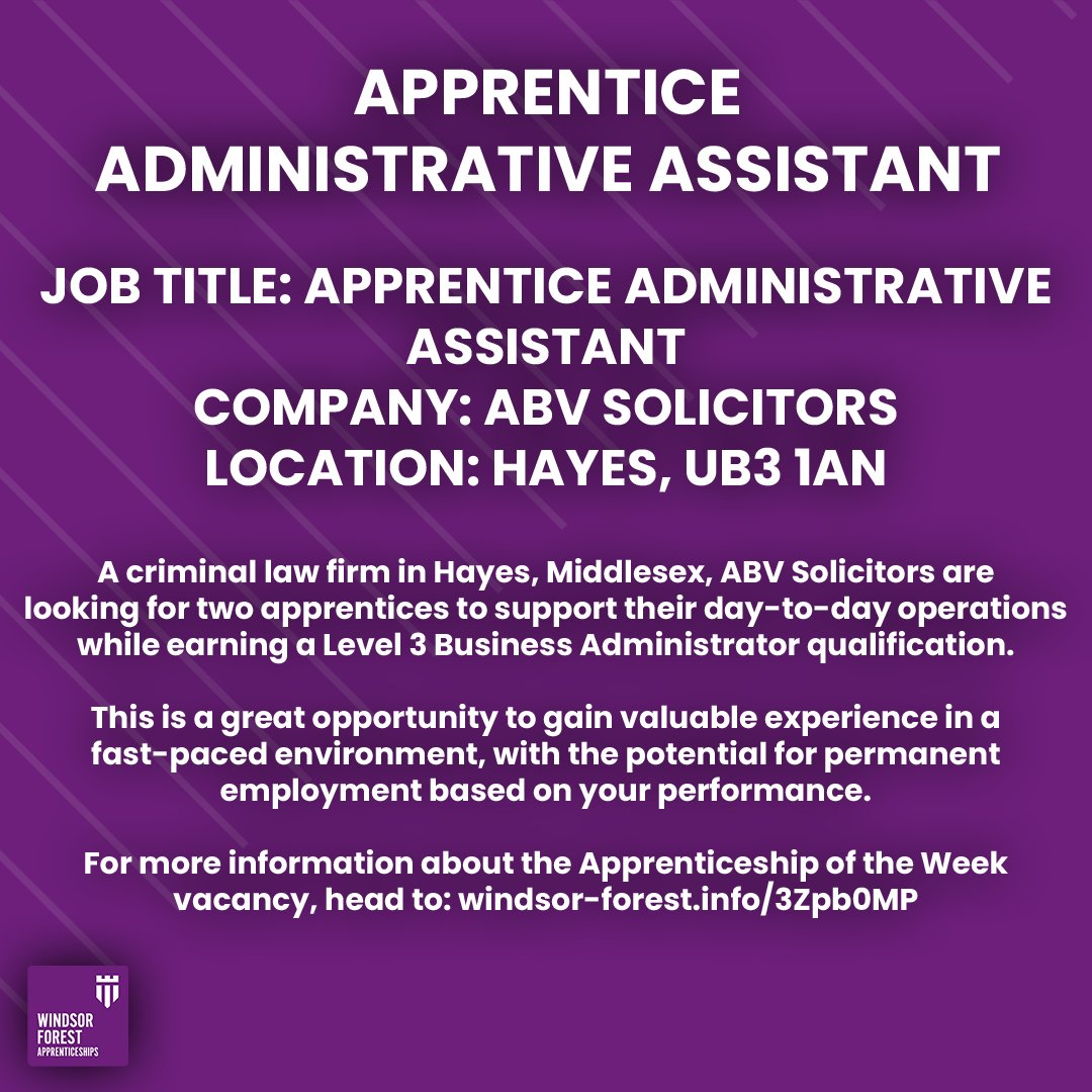 Apprenticeship Vacancy of the Week 💼

Job title: Apprentice Administrative Assistant
Company: ABV Solicitors
Location: Hayes, Middlesex
Closing date: Tuesday 31 December

More info: windsor-forest.info/3Zpb0MP