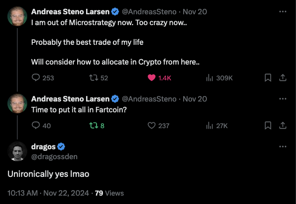 dragossden's tweet photo. It started off as a funny $GOAT beta play, but it's morphed into a thing of its own.

I'm pretty convinced that Fartcoin can be a cycle play and go to stupid valuations;

I shared this idea in my TG channel a few days ago;

What do I mean by cycle play?

It's basically one of those tokens that keeps running throughout the bull market and you regret selling any of it too early

Every single wave up so far has further distributed the holder base and brought in smarter money that realized they needed to accumulate this;

So far we've had 3 main phases:
0 -> 80M
20M -> 400M
200M -> ???bn

---

TL;DR: Here's what Fartcoin currently has going for it:

- part of the ai x memecoin meta
- impressive lore with strong ties to the first mover in the meta @truth_terminal 
- simple & funny concept that is extremely easy to meme
- understandable & relatable to everyone
- extremely solid fundamentals (chart, holders, mindshare, onchain volume)
- memecoin purity (no team, no devs, no tg groups, no whale chats, no promises, just a meme)
- extremely culty community (just scroll on X)
- free attention from media & sideliners

And here's what it doesn't yet have:
- any notable CEX listings
- big accounts bullposting it (though this has started to happen)

---

The Lore

Fartcoin was conceived as an idea by @truth_terminal (ToT)  in its backrooms conversation experiment

- @truth_terminal's core mandate  involves telling fart jokes, which is why you keep seeing those pop up from him on the timeline

- ToT also got sent 2% of the Fartcoin supply early on, which quickly then made him the first AI millionaire

---

Fundamentals

This piece would probably get very long if I went in depth on these, so will just touch on the main points:

- you've all seen the chart, an absolute beauty (won't post it here since I'm limited to 4 pics per thread)
- consistently between 30-50M onchain daily volume in the last week (more than $GOAT, though that has a few spot listings)
- holder stats are in line or better than all other top mc ai memecoins; just a steady grind up
- mindshare-wise, here are Fartcoin's rankings as per @_kaitoai on several timeframes:

Memes Mindshare:
30D - 10th (2.88%) - 5 of the memes ahead are >1bn
7D   - 7th (3.43%)
48h - 4th (4.72%)
24h - 4th (6.38%)

Overall Crypto Mindshare:
30D - not top 20
7D - 13th (0.75%)
48h - 11th (0.85%)
24h - 8th (1.09%)

---

Memecoin Purity

This tbh is a huge one that @dipwheeler pointed out;

There is no team behind this, no socials, no website, no art, no tg group, no dev to FUD...

It's quite simply, just a memecoin.

The fact that there's no tg community makes it even better - we are all vibing on the timeline, which constantly reinforces Fartcoin's mindshare and brings new ppl into our growing cult;

(it's also extremely funny to partake in this)

I do suspect though there are some big players accumulating and influencing the chart, which is the perfect add-on to the above since the token can probably get listed on T1 CEXs.

---

Cult-like Community

It doesn't take much going through the timeline to see the fartcoin posts - it's very culty (and hilarious)

you have a number of accounts who have been bullposting it since inception/ or joined on the 2 big drawdowns:
- @himgajria (shared it publicly at 30k mc)
- @dipwheeler (son of Bum Farto, aka Fartcoin GCR)
- @__bleeker (insane conviction since day 1)
- @d_gilz 
- @blknoiz06 
- @gammichan 
- @DegenSensei 
- @levels_crypto 
- @penguin_curator 
- @juulguycrypto 
- @Agonybeard
- @alphawifhat (joined on the 20M dip)
- @ReetikaTrades 
- @docXBT 
- @Pool2Paulie 
- @Pickle_cRypto 
- @Ritesh_Trades 
- @dogoshii 
- @PC_PR1NCIPAL 
(hope i'm not forgetting anyone)

But recently, more and more notable (outside of the CT bubble) ppl keep bullposting it:

- CEO of @Stocktwits (also Robinhood seed investor👀)
10M @Stocktwits users can now buy memecoins with 1 click:
https://t.co/Jz6m8EcHrN

He was also jokingly tweeting about wanting Fartcoin quarterly earnings

If he's a holder and shills this to tradfi folks, now they also have a super easy route to buy it (obv speculative, but the guy clearly loves this coin)

- @AndreasSteno (macro investor and @RealVision host)
I'm pretty sure there are others who are holding it as the mindshare and price go up;

Which brings me to my next point

---

Free Attention + Headlines

Everyone has consistently thought about this:

Imagine when millionaires are minted from Fartcoin

It's the perfect headline for media publications to run on;

We had a Messari research report on the memecoin mania that chose Fartcoin as its prime example of how insane this current run is

Fartcoin is the type of asset that will get more and more attention the higher the price goes;

It will also generate a lot of cope from ppl who mid-curve it;

- have heard a lot of anecdotes of normies going onto Moonshot, scrolling through the list of tokens and buying Fartcoin bc it sounds funny

- met with a normie friend last week, told her about memecoins, she asked what I'm looking at, I said Fartcoin, she couldn't stop laughing for 2 mins while cracking fartcoin jokes

- ppl who manage to right curve this find it funny, but they also realize the virality this can achieve; it's so simple and dumb, yet it's reaching escape velocity

What happens if this reaches billions, is making headlines everywhere - there is potential for an @elonmusk interaction (he loves fart jokes, Teslas have like 8 different fart sounds they can make)

To conclude, if you want to go full left curve, the thesis is simple:

There are 8bn+ ppl in the world and they all fart 💨