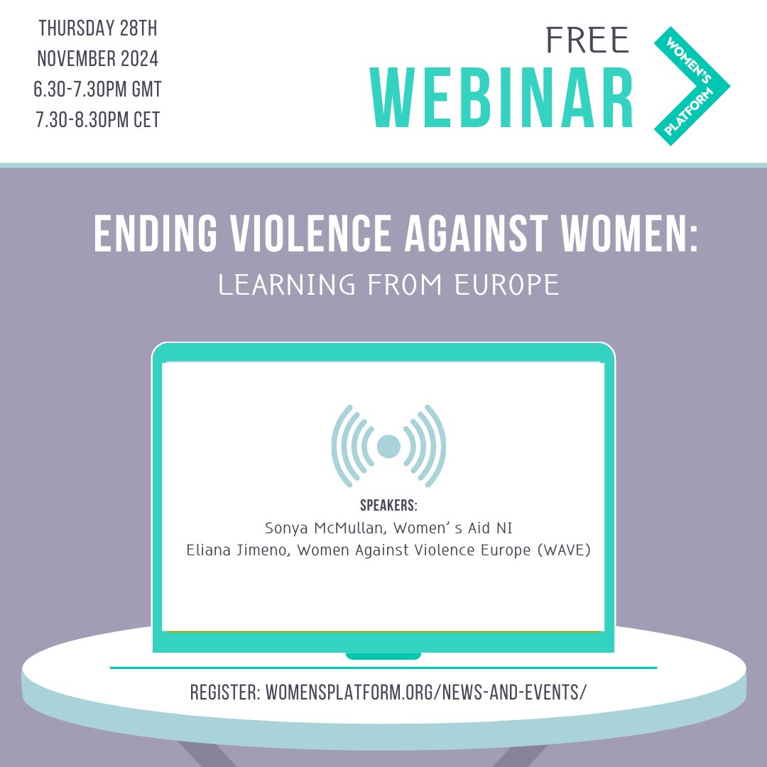 NIWEP's tweet image. Reminder-Free Webinar: Ending Violence Against Women - Learning from Europe. Thurs, Nov 28th | 6:30-7:30pm GMT / 7:30-8:30pm CET. Speakers: Sonya McMullan (Women’s Aid NI) & Eliana Jimeno (WAVE). Join us to discuss Europe’s new Directive & NI’s strategy to protect women & girls.