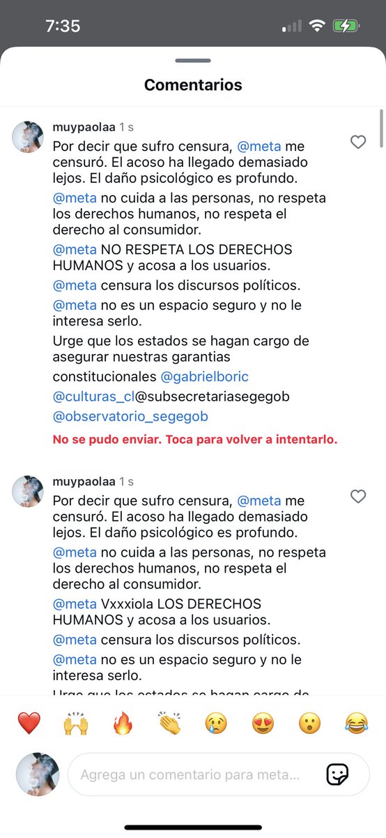 Necesito que le den difusión a esto. Por decir que <a href="/Meta/">Meta</a> me censura, no me deja escribir. Es urgente que el estado asegure nuestras garantías constitucionales. @meta VIOLA LOS DERECHOS HUMANOS. Estoy sufriendo acoso por parte de la plataforma 

<a href="/voceriagobierno/">Vocería de Gobierno de Chile</a> <a href="/SubseVoceriaGob/">Subsecretaría General de Gobierno</a>