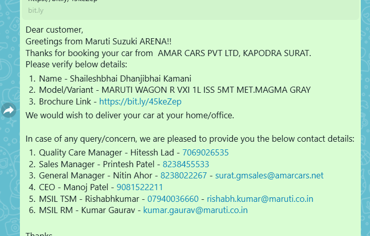 SHAILESH KAMANI (@kamanishailesh) on Twitter photo <a href="/MSArenaOfficial/">Maruti Suzuki Arena</a> YOUR DEALER AMAR CAR SUART KAPODRA 395006  IS NOT TIME TO TIME NEW CAR DELIVERY WEGON R VXI  I HAVE PAY TO FULL PAYMENT THEN AFTER  1 WEEK  LATER SAY TO DELIVERY  / CAR BOOKING TIME  SAY TO  3 DAY DELIVERY  TIME  BUT  THEN AFTER  7 DAY SAY <a href="/MSArenaOfficial/">Maruti Suzuki Arena</a> YOUR DEALER AMAR CAR SUART KAPODRA 395006  IS NOT TIME TO TIME NEW CAR DELIVERY WEGON R VXI  I HAVE PAY TO FULL PAYMENT THEN AFTER  1 WEEK  LATER SAY TO DELIVERY  / CAR BOOKING TIME  SAY TO  3 DAY DELIVERY  TIME  BUT  THEN AFTER  7 DAY SAY