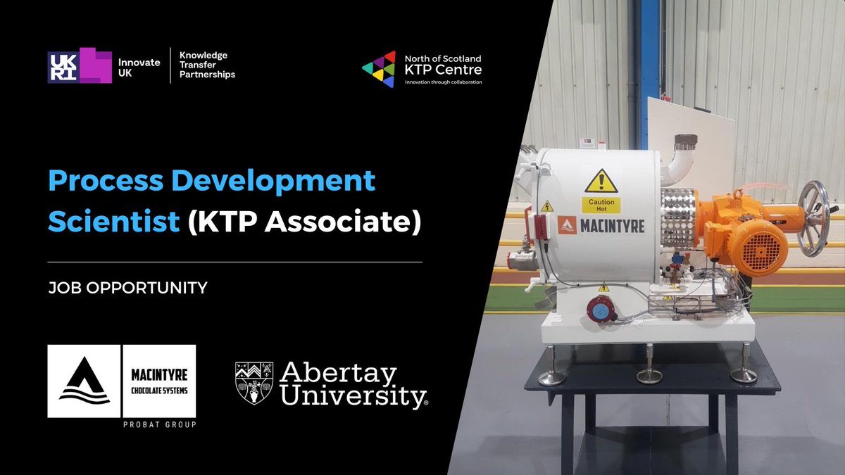 North of Scotland KTP Centre (@ktpnorthscot) on Twitter photo 🚀 Be at the Forefront of Innovation! 🚀
Macintyre Chocolate Systems and <a href="/AbertayUni/">Abertay University</a> are searching for a talented Process Development Scientist to lead a transformative 26-month KTP project.
🗓️Apply by 5th January 2025
🔗 abertay.ac.uk/about/working-… 🚀 Be at the Forefront of Innovation! 🚀
Macintyre Chocolate Systems and <a href="/AbertayUni/">Abertay University</a> are searching for a talented Process Development Scientist to lead a transformative 26-month KTP project.
🗓️Apply by 5th January 2025
🔗 abertay.ac.uk/about/working-…