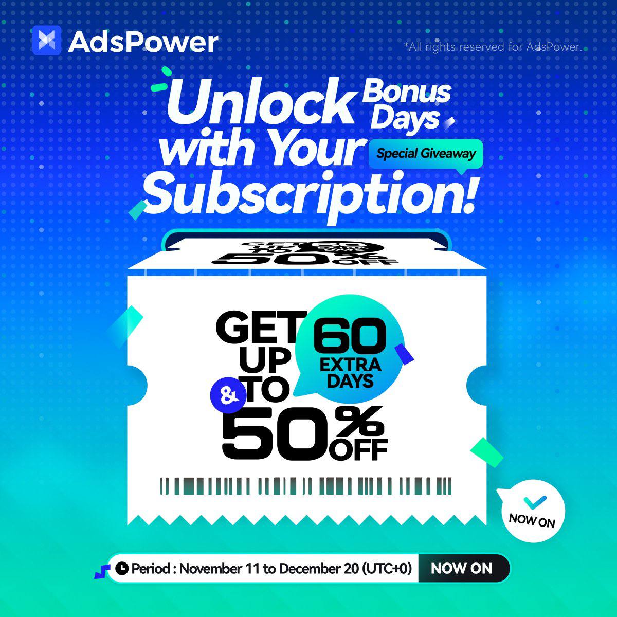 🎉 Black Friday with AdsPower — save big, grow faster!

💥 Up to 45% OFF + bonuses:
• 90 days? +7 extra days!
• 180 days? +15-20 days!
• 360 days? Up to +60 days!

⚡️ Promo: Nov 11 – Dec 20.

🔗 Don’t miss out — grab your deal now by special link 🔗 

share.adspower.net/Vgctnb