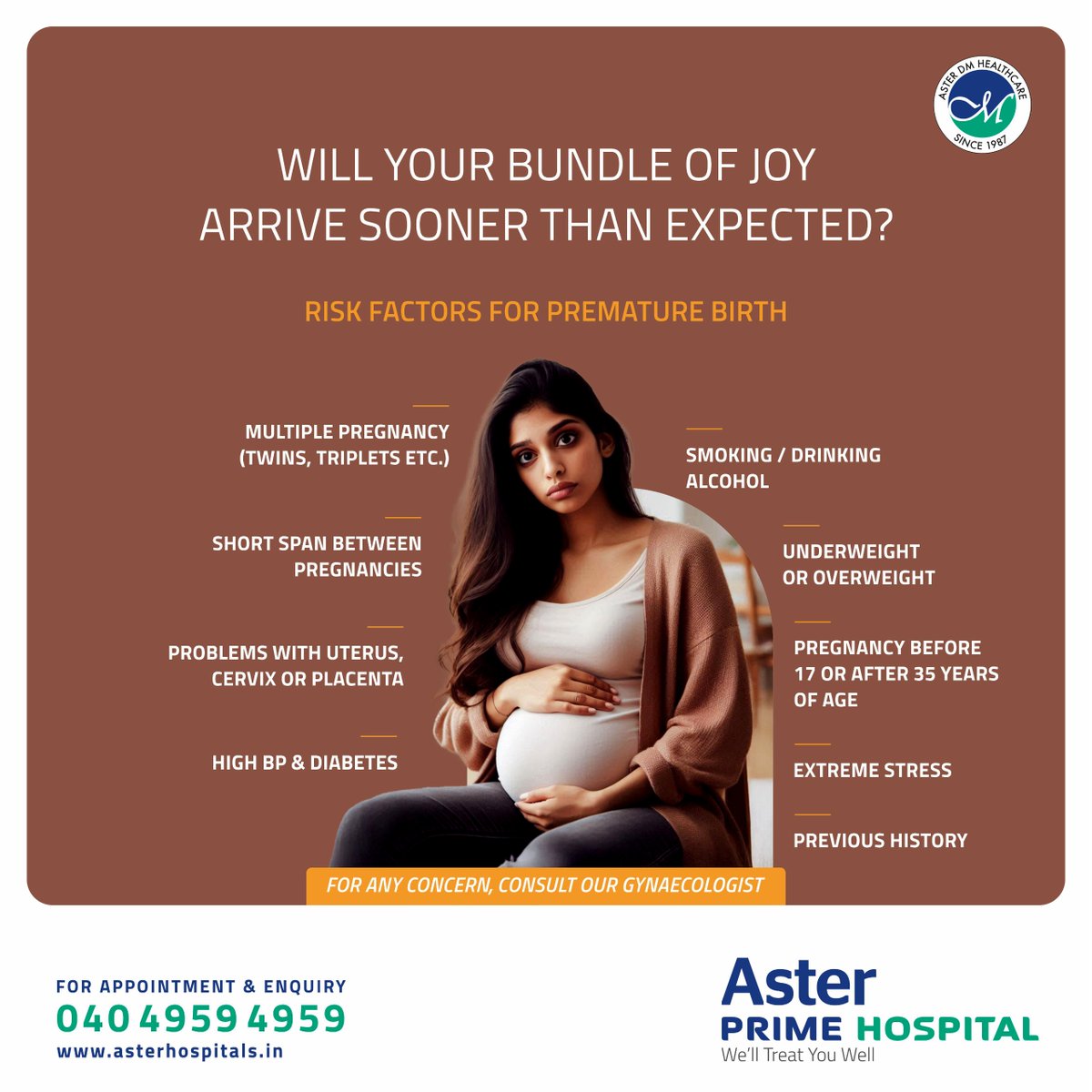 Early awareness and proper prenatal care are essential to reduce risk of premature birth and ensure a healthy journey for both mother and baby.

#AsterPrimeHospital #PrematureBirth #prematurebirthriskfactors #MotherAndBaby #motherandbabycare #GYNAECOLOGIST #healthcare