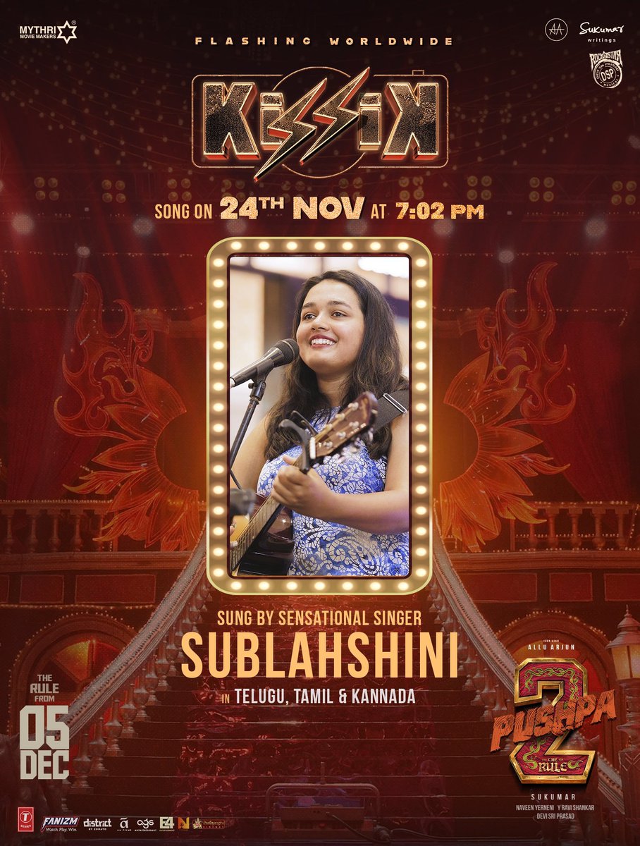 TamilaninCinema (@tamilanincinema) on Twitter photo #Kissik From Nov 24, 7:02 PM 💥💥
Telugu, Tamil & Kannada Sung By🎙️ <a href="/Sublahshini/">Sublahshini</a>
Hindi Sung By 🎙️ <a href="/Sublahshini/">Sublahshini</a> & <a href="/LothikaJha/">Lothika Jha</a>
Malayalam Sung By🎙️ #PriyaJerson
Bengali Sung By🎙️ <a href="/UjjainiMjee/">Ujjaini Mukherjee</a>
#Pushpa2TheRuleOnDec5th #Kissik From Nov 24, 7:02 PM 💥💥
Telugu, Tamil & Kannada Sung By🎙️ <a href="/Sublahshini/">Sublahshini</a>
Hindi Sung By 🎙️ <a href="/Sublahshini/">Sublahshini</a> & <a href="/LothikaJha/">Lothika Jha</a>
Malayalam Sung By🎙️ #PriyaJerson
Bengali Sung By🎙️ <a href="/UjjainiMjee/">Ujjaini Mukherjee</a>
#Pushpa2TheRuleOnDec5th