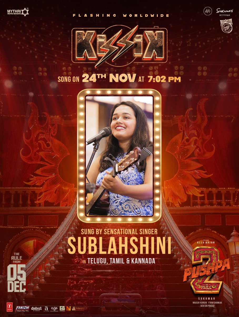 Done Channel (@donechannel1) on Twitter photo Here are the energetic voices of #Kissik that will rule your music charts from Nov 24, 7:02 PM 💥💥
Telugu, Tamil & Kannada sung by🎙️ <a href="/Sublahshini/">Sublahshini</a>
Hindi sung by 🎙️ <a href="/Sublahshini/">Sublahshini</a> & <a href="/LothikaJha/">Lothika Jha</a>
Malayalam sung by🎙️ #PriyaJerson
Bengali sung by🎙️ <a href="/UjjainiMjee/">Ujjaini Mukherjee</a>
An Icon Star Here are the energetic voices of #Kissik that will rule your music charts from Nov 24, 7:02 PM 💥💥
Telugu, Tamil & Kannada sung by🎙️ <a href="/Sublahshini/">Sublahshini</a>
Hindi sung by 🎙️ <a href="/Sublahshini/">Sublahshini</a> & <a href="/LothikaJha/">Lothika Jha</a>
Malayalam sung by🎙️ #PriyaJerson
Bengali sung by🎙️ <a href="/UjjainiMjee/">Ujjaini Mukherjee</a>
An Icon Star