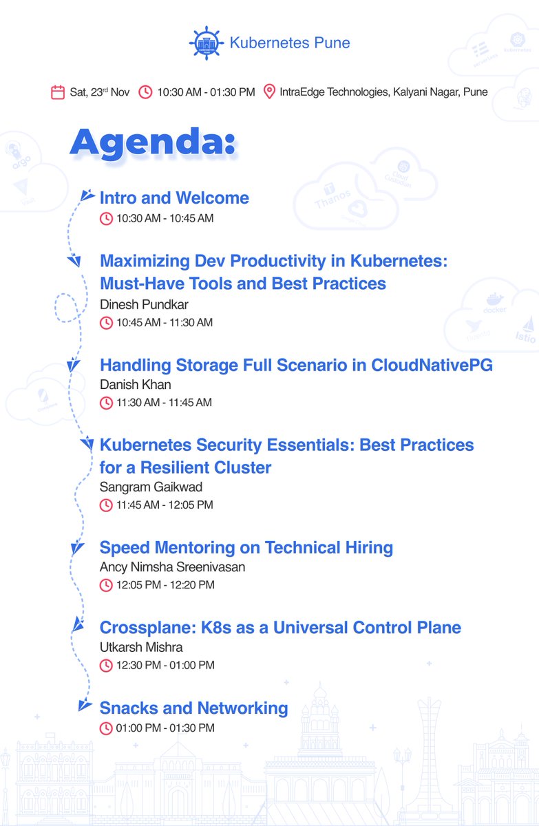 🎉 Agenda of #Kubernetes Pune Meetup is LIVE!

See you tomorrow at <a href="/intraedge/">IntraEdge</a> office for insightful sessions, workshops, and discussions on Kubernetes &amp; cloud native🎙️

RSVP to join: community.cncf.io/e/mz5jua/