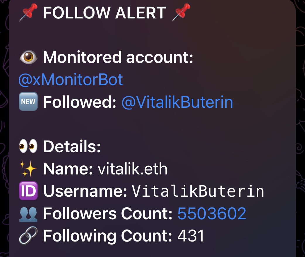 xMonitorBot's tweet image. Ever wondered who your favorite accounts are following on Twitter? 👀

With xMonitor, you’ll never miss a connection. Track follow activity seamlessly via Telegram.

Stay tuned for the launch! 🚀

#xMonitor #SocialMediaTools