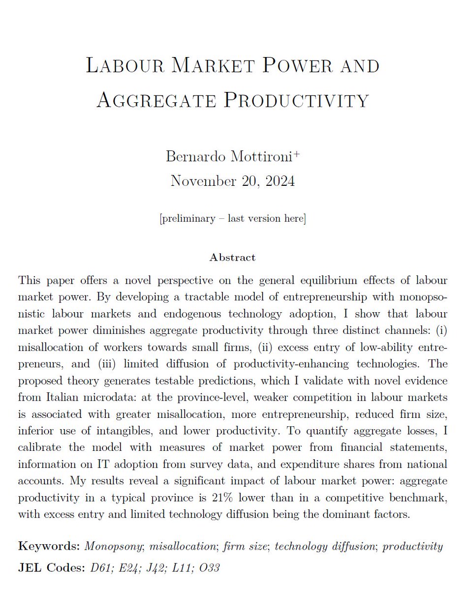 Hey, I’m on the market this year! Here’s a thread about my JMP.

TL;DR: Labour market power leads to substantial losses in aggregate productivity.

Keep reading if you’re interested in misallocation, technology diffusion, and regional disparities (you should be!).