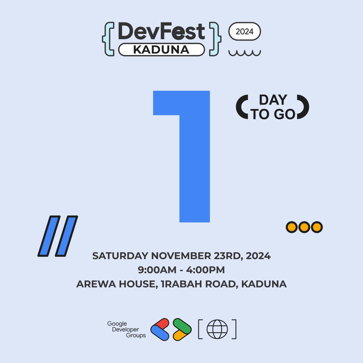 gdg_kaduna's tweet photo. 1 day to the BIG DAY 🚀

Set your alarms and get ready to show up for #DevFestKaduna2024💃

Bring your energy, your curiosity and get ready to learn!!! 

Use the hashtag #DevFestKaduna. 

Let’s go!!!!🚀  

#Devfest https://t.co/3XqFQe7nuu