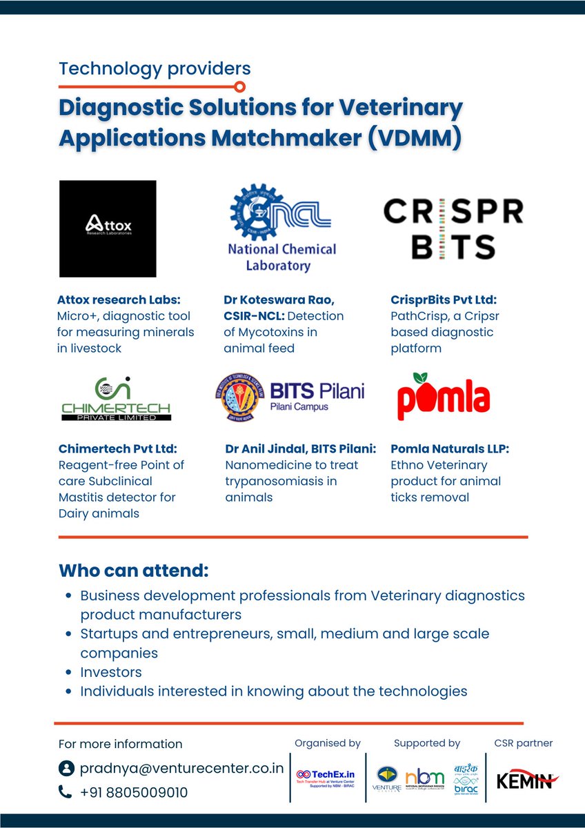 TechEx-Technology Transfer Hub (@techex_in) on Twitter photo TechEx.in is excited to announce Online #Technology #Showcase on #Diagnostic Solutions for #Veterinary Applications, 11th Dec 4 PM. Register: docs.google.com/forms/d/e/1FAI…. Thanks to generous CSR support from <a href="/KeminInd/">Kemin Industries</a> for organizing the showcase. <a href="/BIRAC_2012/">DBT-BIRAC</a> <a href="/csir_ncl/">CSIR-National Chemical Laboratory</a> TechEx.in is excited to announce Online #Technology #Showcase on #Diagnostic Solutions for #Veterinary Applications, 11th Dec 4 PM. Register: docs.google.com/forms/d/e/1FAI…. Thanks to generous CSR support from <a href="/KeminInd/">Kemin Industries</a> for organizing the showcase. <a href="/BIRAC_2012/">DBT-BIRAC</a> <a href="/csir_ncl/">CSIR-National Chemical Laboratory</a>
