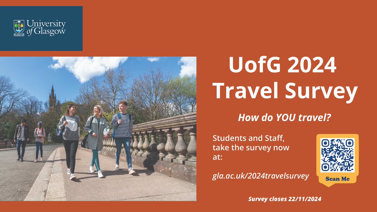 Last chance - take the Staff and Student Travel Survey now! Let us know how you travel to <a href="/UofGlasgow/">University of Glasgow</a> , and why. Takes 5 minutes, prizes available.
🚌🚊🚲🚗👨‍🦼🚶‍♂️
👉gla.ac.uk/2024travelsurv…