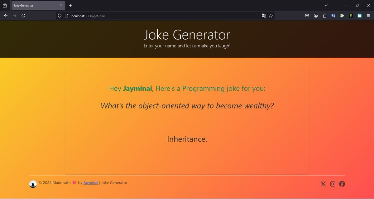 Jaydagen2's tweet photo. I Just completed a #Capstone Project
Joke Generator was built with #NodeJs using #JokeAPI.
Enter your name and get a personalized joke just for you!
Check it out:
https://t.co/rfAYihneoC https://t.co/kHu18wxiMM