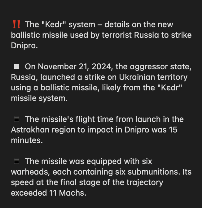wartranslated's tweet photo. A few minutes ago, the РUR clarified the information about the strike on Dnipro, stating that it may have been carried out by the "Kedr" system. https://t.co/9bt5gXhPL6